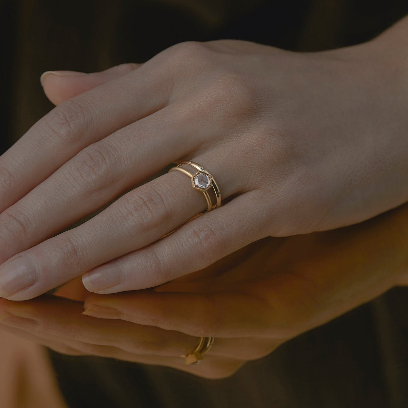 5mm White Diamond Rose Cut Hexagon Solitaire Ring | R3701W